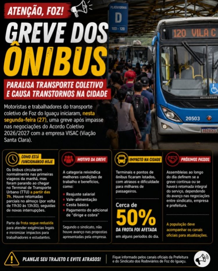 Greve dos ônibus paralisa transporte coletivo e causa transtornos em Foz do Iguaçu